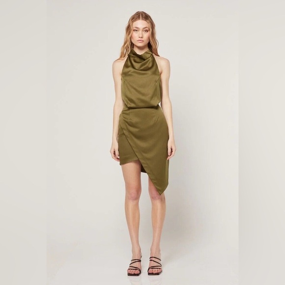 Elliatt Camo Asymmetric Satin Halter Dress in Khaki Green - Picture 2 of 15